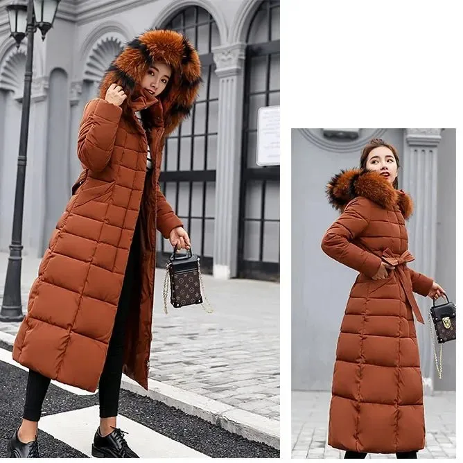 New Winter Over Knee Loose Large Fur Collar Hooded Warm Thick Parkas Women  Padded Overcoat