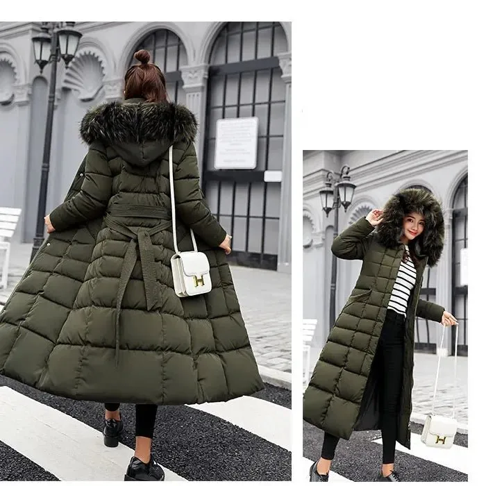 New Winter Over Knee Loose Large Fur Collar Hooded Warm Thick Parkas Women  Padded Overcoat