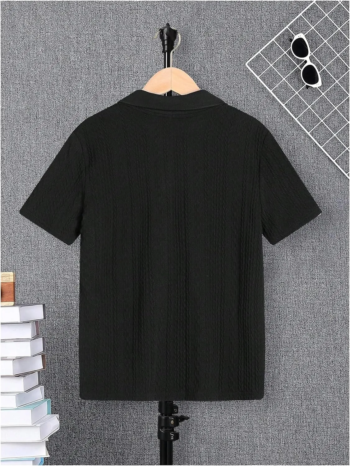 OYOANGLE Boy's Short Sleeve Collar Neck Cable Knitted Solid Plain Golf Uniform Shirt