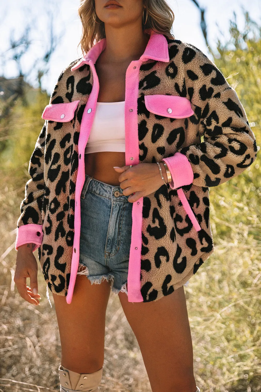 Pink Leopard Print Teddy Shacket