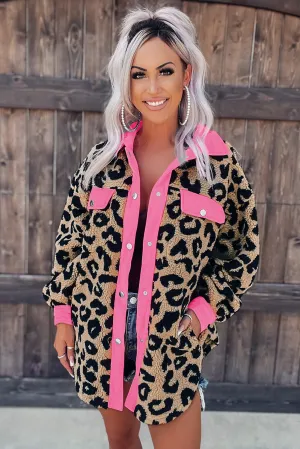 Pink Leopard Print Teddy Shacket