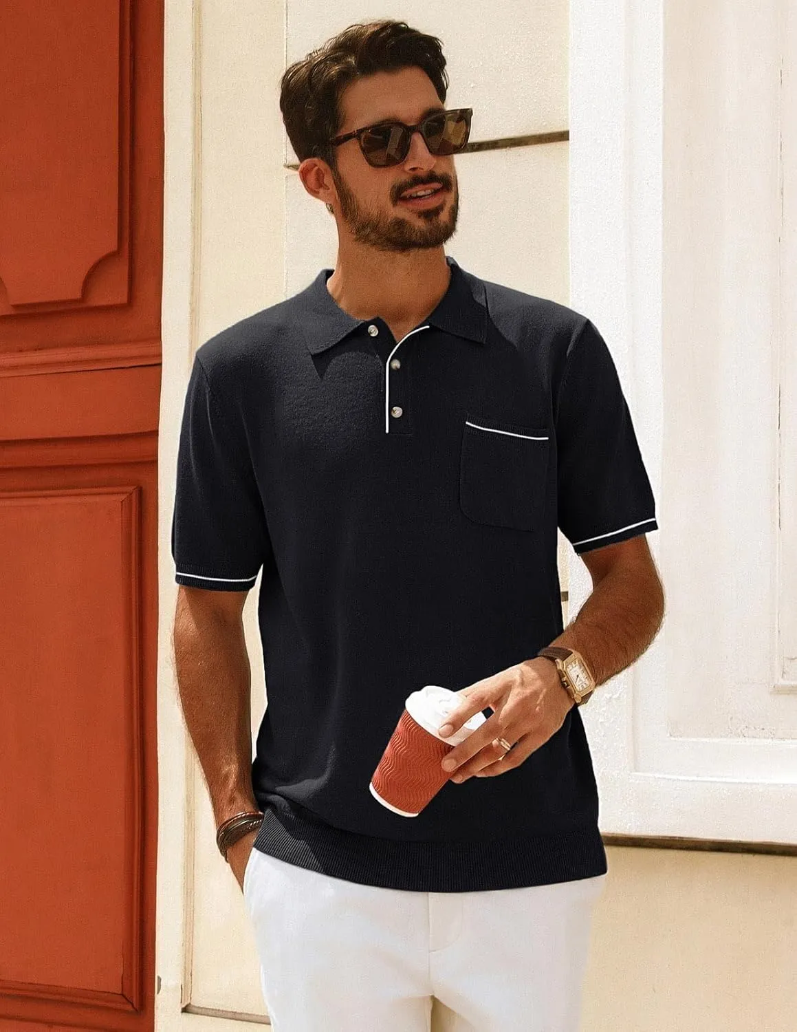 PJ PAUL JONES Men Polo Shirts Short Sleeve Men's Shirts Contrast Color Knit Shirt