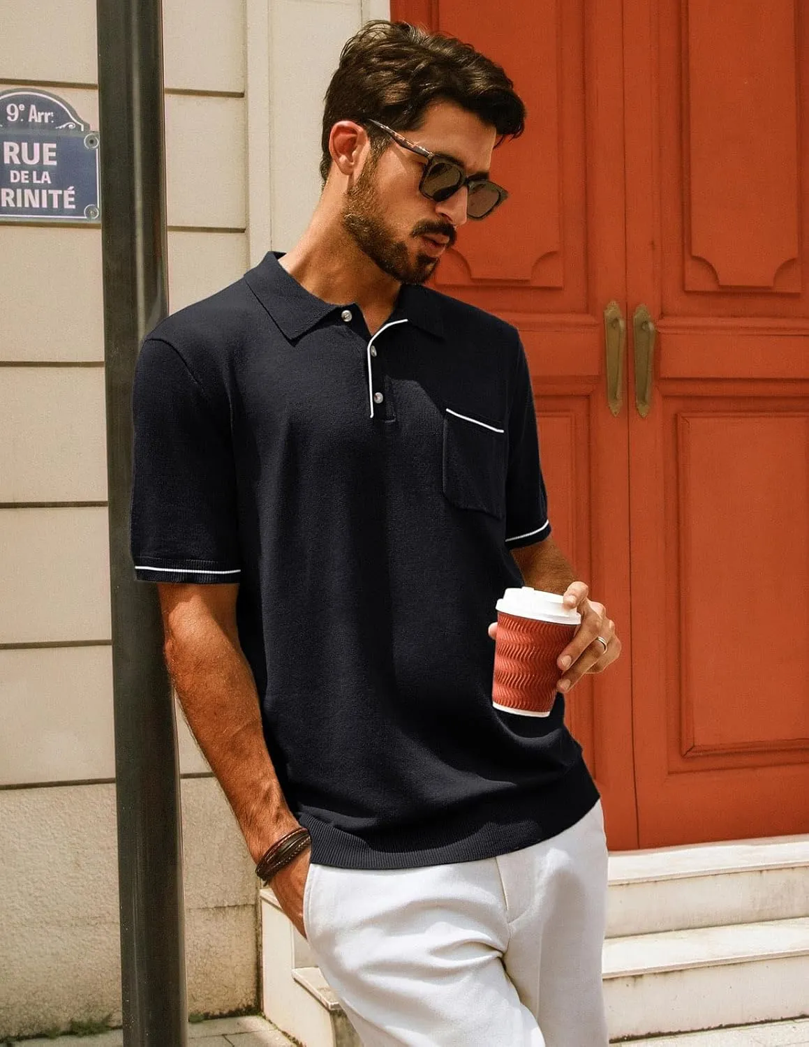 PJ PAUL JONES Men Polo Shirts Short Sleeve Men's Shirts Contrast Color Knit Shirt