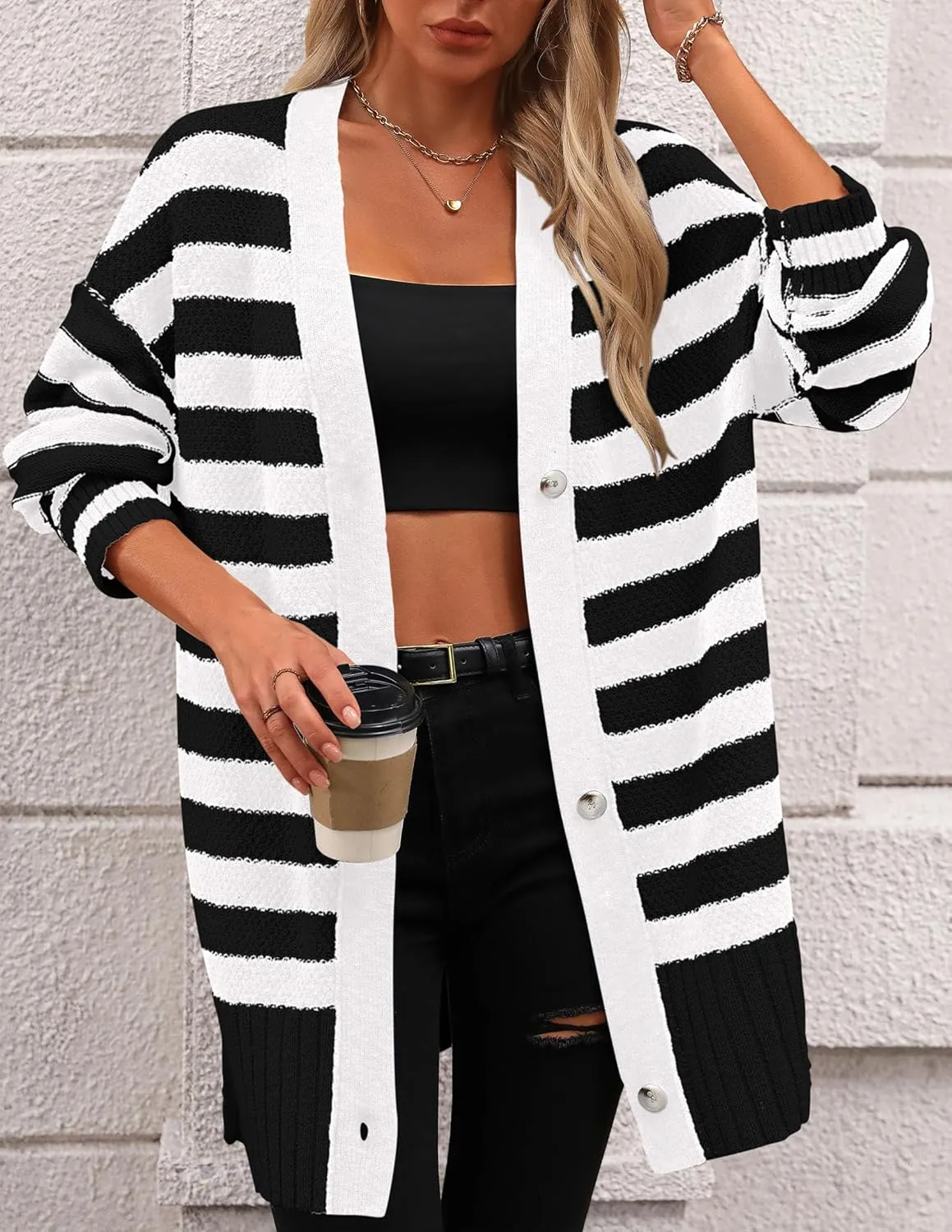 PRETTYGARDEN Women's Winter Striped Cardigan Sweaters Long Sleeve Button Down Open Front Chunky Knit Oversized Sweater Coat