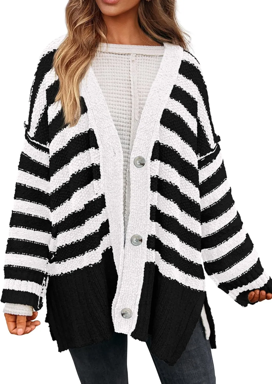 PRETTYGARDEN Women's Winter Striped Cardigan Sweaters Long Sleeve Button Down Open Front Chunky Knit Oversized Sweater Coat
