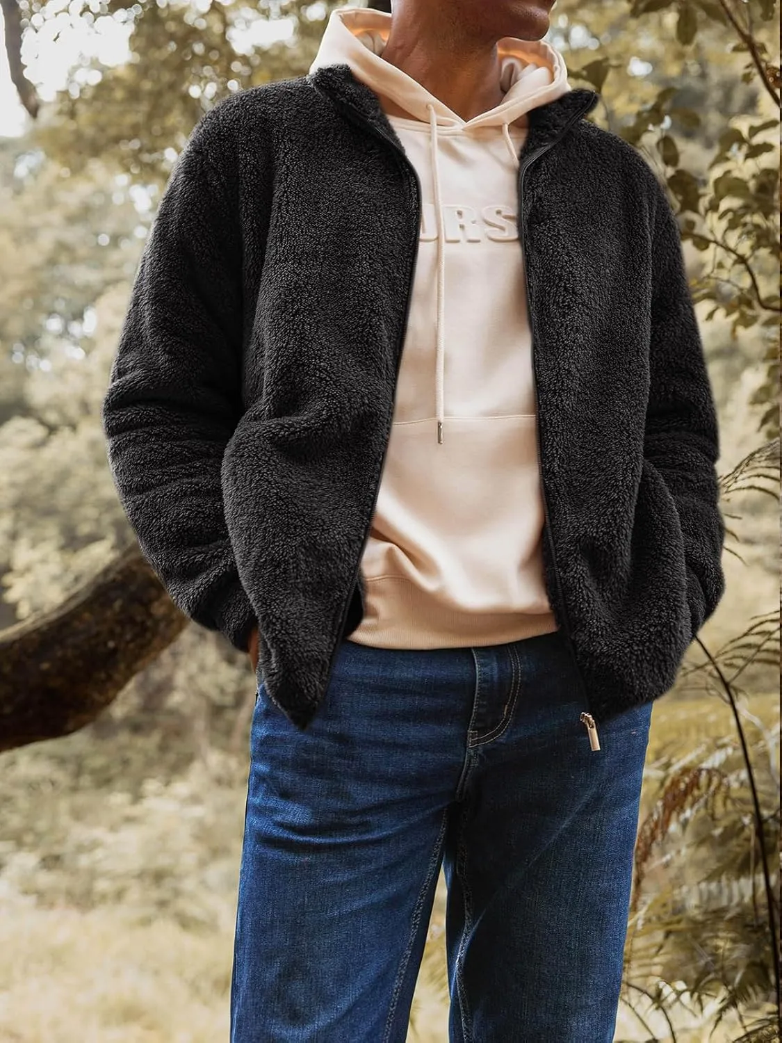 Runcati Mens Fuzzy Sherpa Jacket Cardigan Fleece Long Sleeve Full Zip Open Front Thermal Coat Fall Winter Outwear