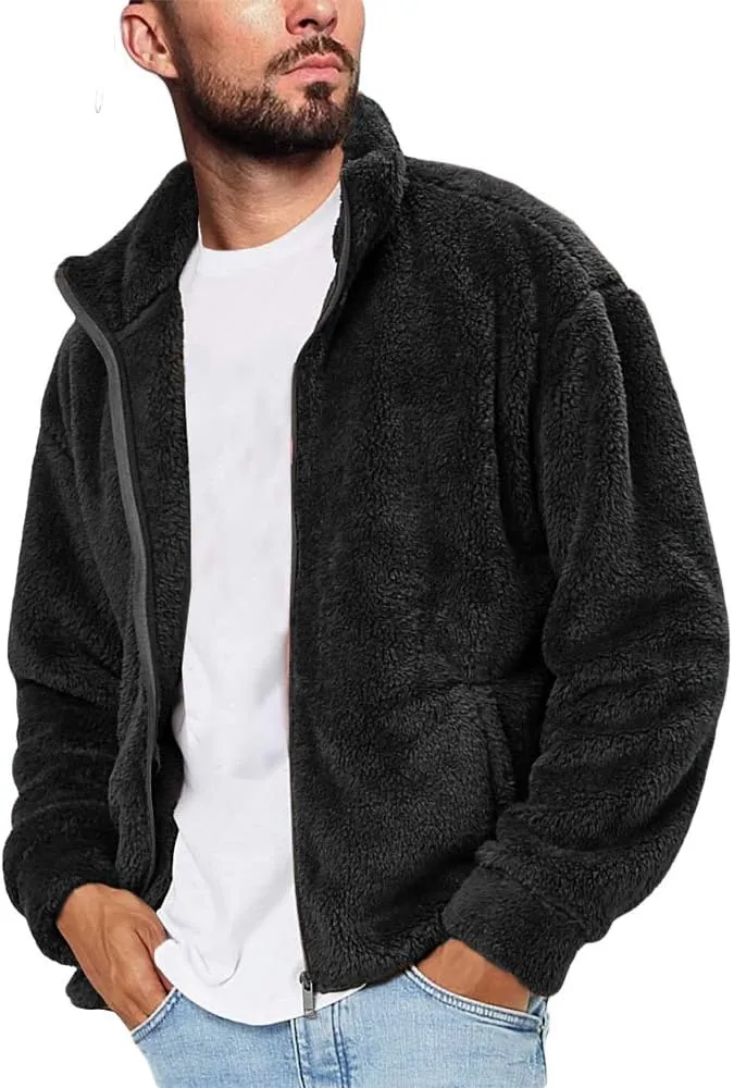 Runcati Mens Fuzzy Sherpa Jacket Cardigan Fleece Long Sleeve Full Zip Open Front Thermal Coat Fall Winter Outwear