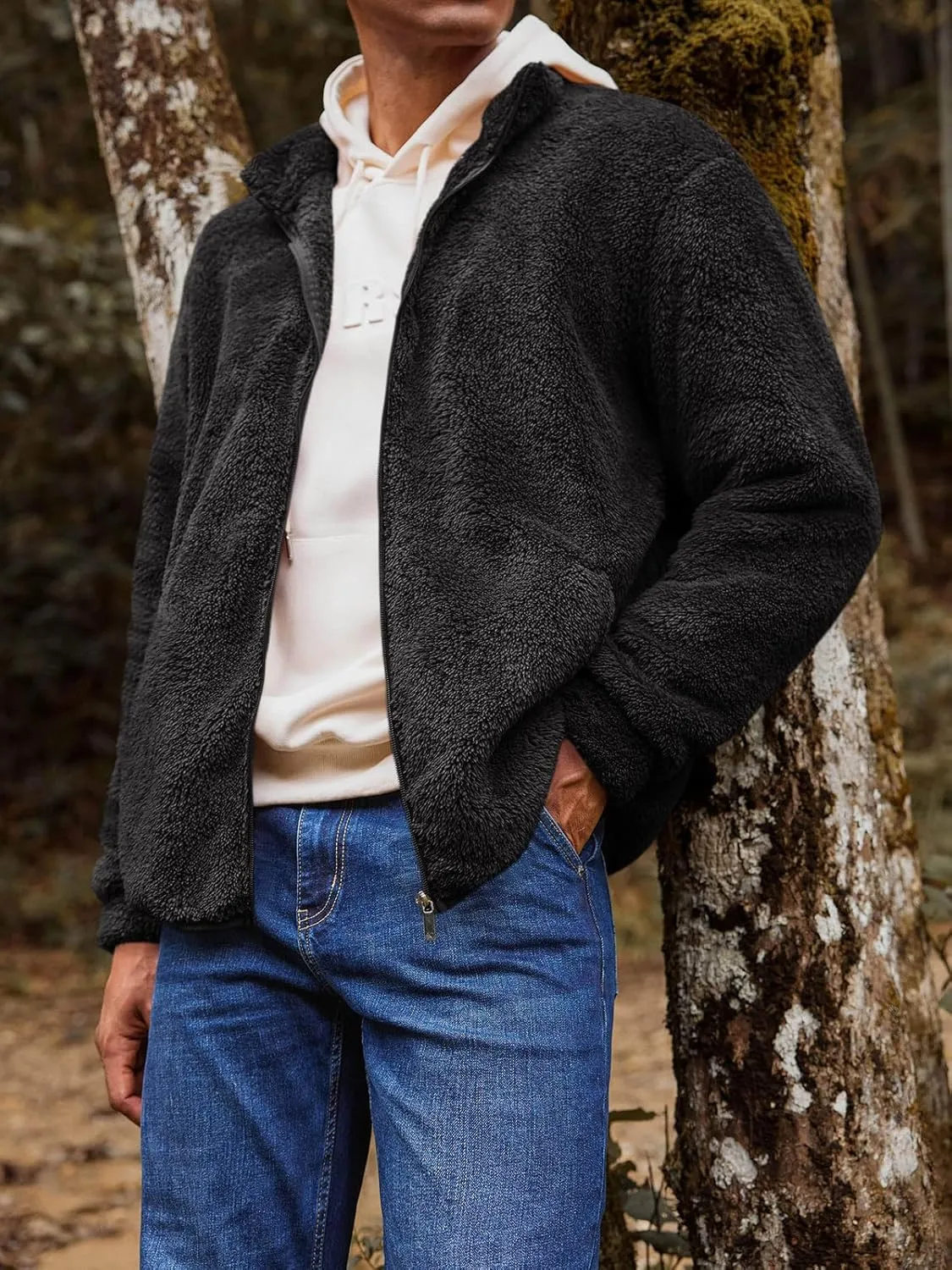 Runcati Mens Fuzzy Sherpa Jacket Cardigan Fleece Long Sleeve Full Zip Open Front Thermal Coat Fall Winter Outwear