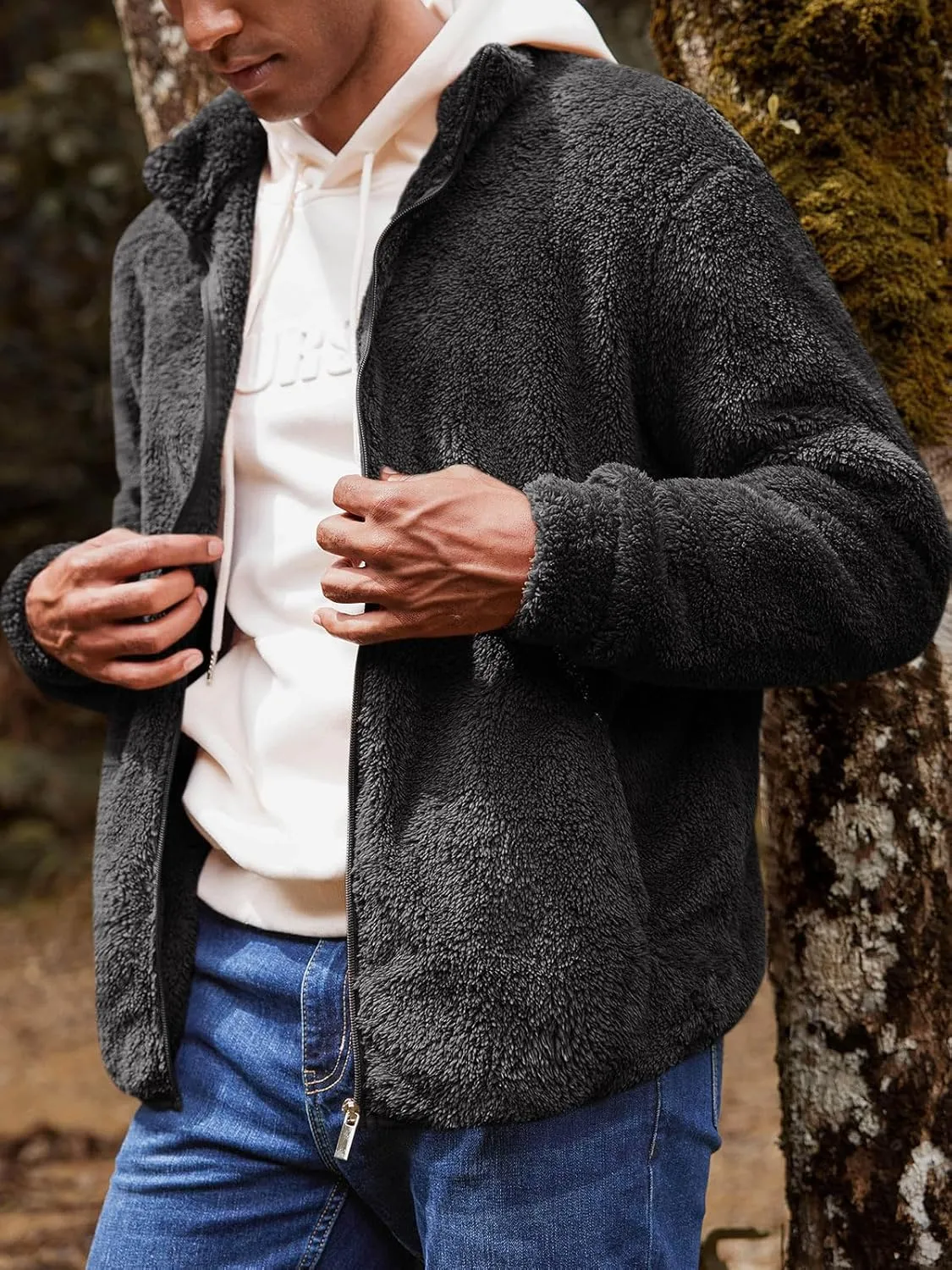 Runcati Mens Fuzzy Sherpa Jacket Cardigan Fleece Long Sleeve Full Zip Open Front Thermal Coat Fall Winter Outwear