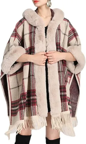Snoly Women's Wool Blend Hooded Vintage Plaid Tassel Cape Poncho Button Oversized Cardigan