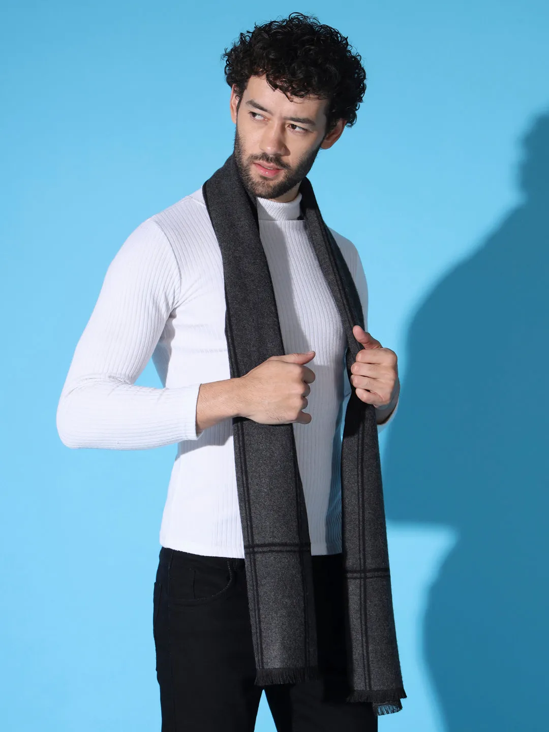 Stylish  Grey and Black Striped Men Muffler Cashmere rich