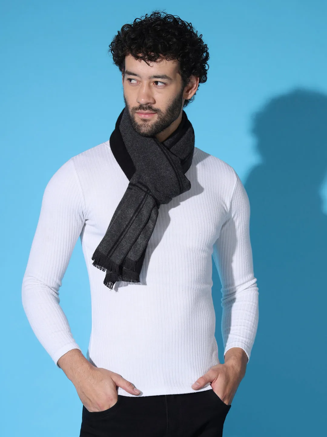 Stylish  Grey and Black Striped Men Muffler Cashmere rich