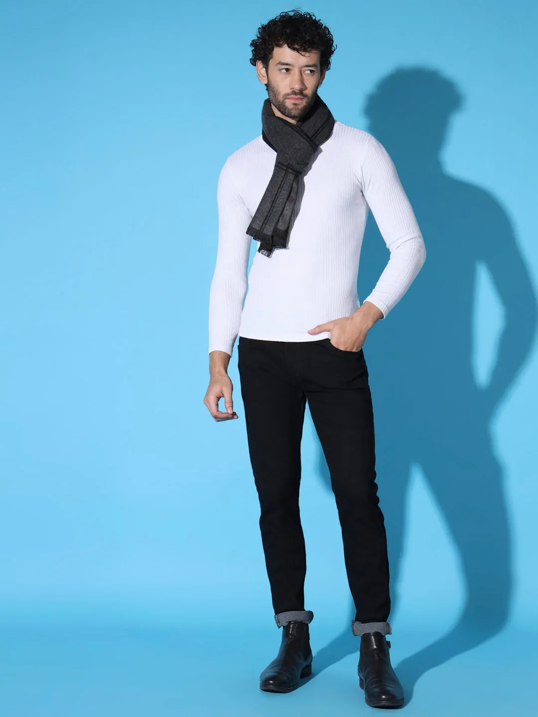 Stylish  Grey and Black Striped Men Muffler Cashmere rich