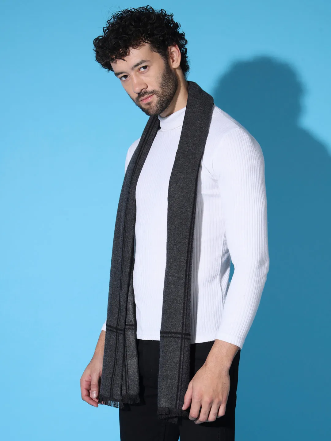 Stylish  Grey and Black Striped Men Muffler Cashmere rich