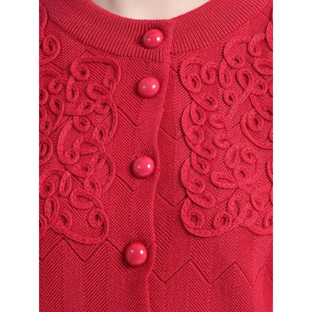 Stylish Red Woolen Button Closure Cardigan For Women