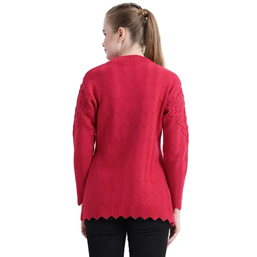 Stylish Red Woolen Button Closure Cardigan For Women