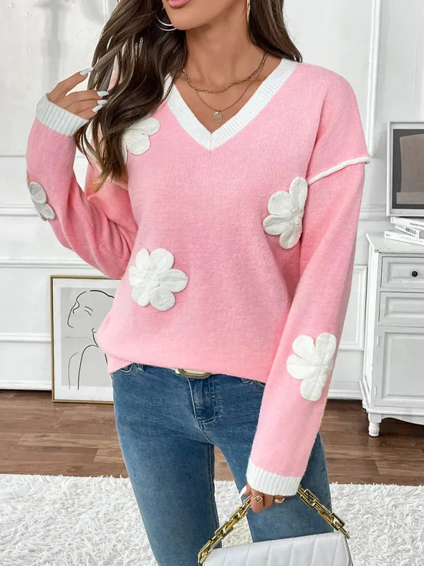 Trendy Floral V-Neck Knit Sweater for Stylish Outfits