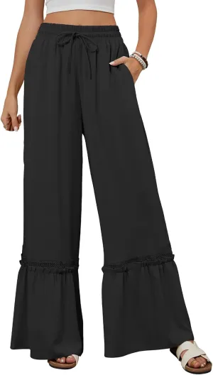 Womens Casual Pants Trendy High Waisted Wide Leg Pant Summer Flowy Baggy Drawstring Ruffle Leg Trousers with Pockets