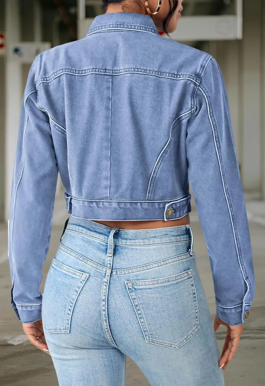 Women's Cropped Denim Washed Distressed Button Down Long Sleeve Jean Jacket Coats