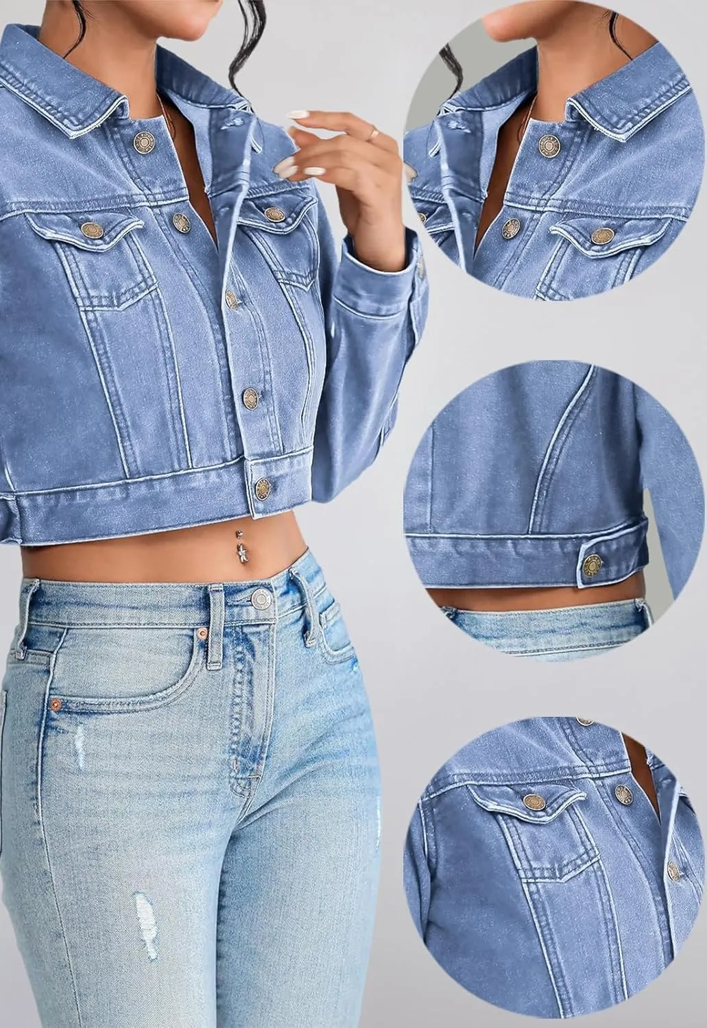 Women's Cropped Denim Washed Distressed Button Down Long Sleeve Jean Jacket Coats