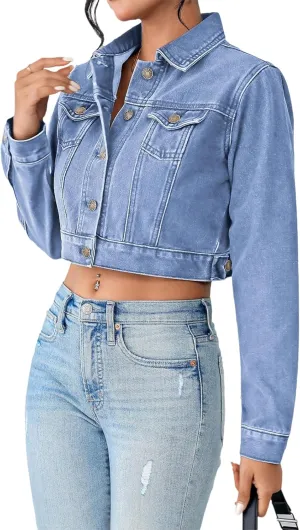 Women's Cropped Denim Washed Distressed Button Down Long Sleeve Jean Jacket Coats