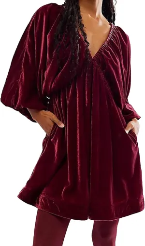Womens Velvet Mini Dress Deep V Neck Puff Sleeve Elastic High Waist A-Line Swing Short Dress