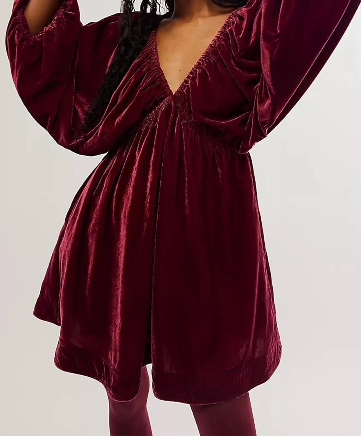 Womens Velvet Mini Dress Deep V Neck Puff Sleeve Elastic High Waist A-Line Swing Short Dress