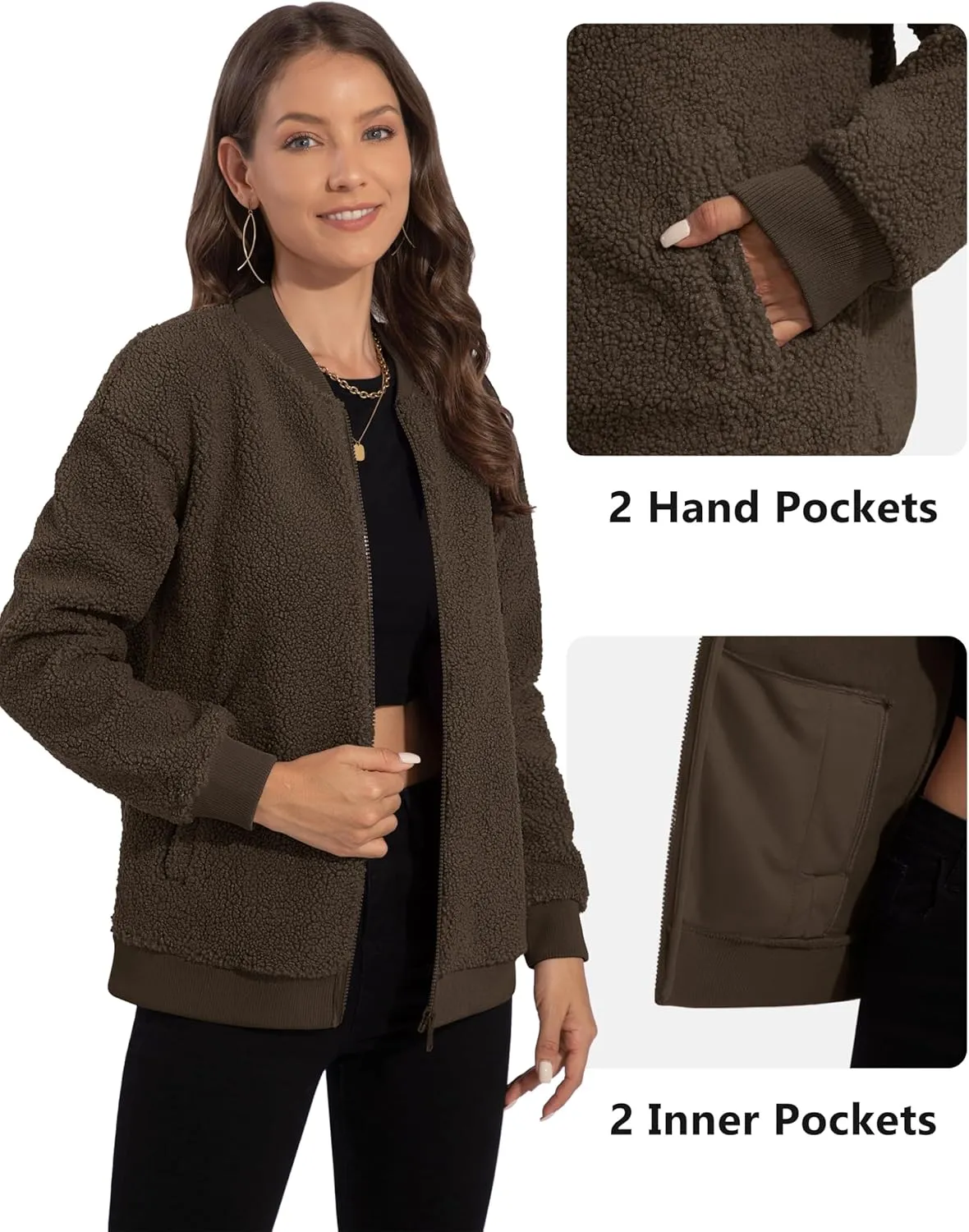 YUCOLEN Women's Fleece Bomber Jacket Trendy Full Zip Sherpa Jackets Warm Winter Coat with Pockets