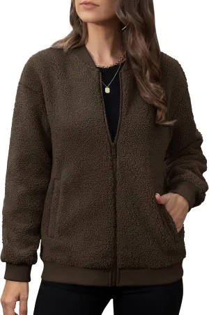 YUCOLEN Women's Fleece Bomber Jacket Trendy Full Zip Sherpa Jackets Warm Winter Coat with Pockets